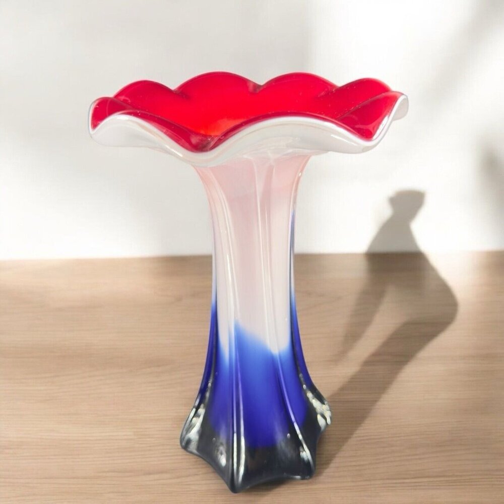 Vintage Tall Art Glass Vase Flower Shaped Swung Vase Multicolor Glass Vase Decor